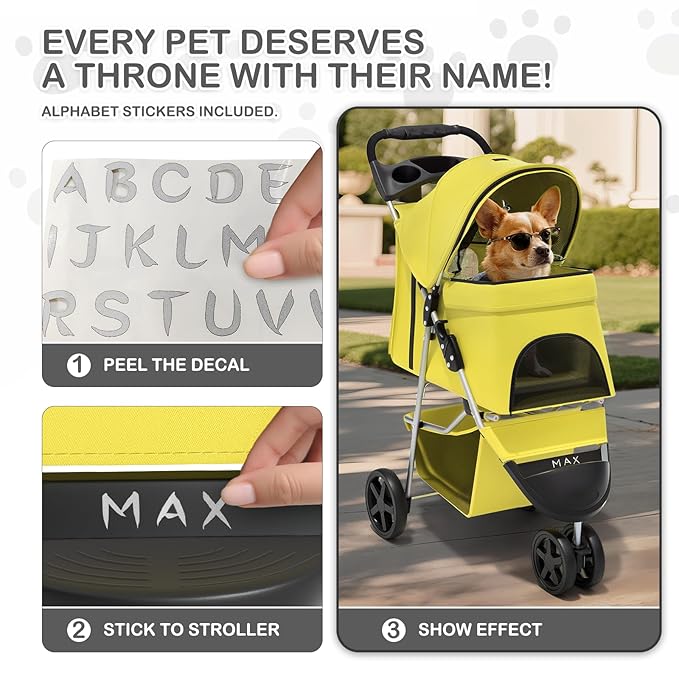 MoNiBloom Foldable Pet Stroller with Waterproof Cover, 3-Wheels Dog Strolling Cart for Small/Medium Dogs and Cats with Storage Basket and Cup Holder, Breathable and Visible Mesh for All-Season, Yellow