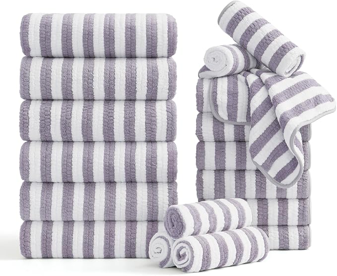 Smuge 18 Pcs Bath Towel Set, Include 6 Bath Towel Sheets, 6 Hand Towels and 6 Washcloths - Highly Absorbent Quick Dry Microfiber,Ultra Soft Bathroom Towel Set with Hanging Loop - Light Purple by Smuge