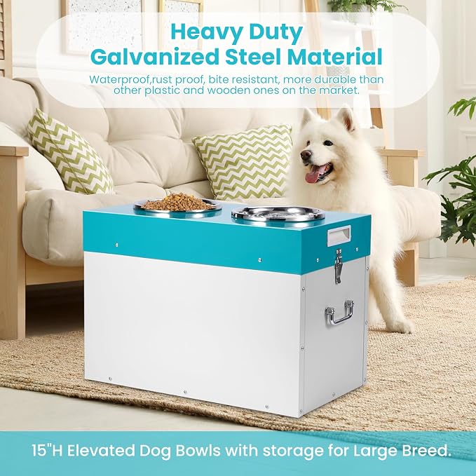 Elevated Dog Bowls with Storage Large Breed 15" H Raised Dog Bowl | 2 In 1 Pet Food Storage Container & Feeder, Galvanized Pet Feeder Feeding Station, Waterproof, Leak-proof, Holds Up To 45 Lbs - Image 6