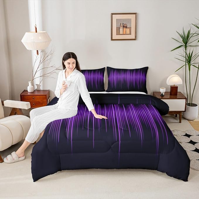 Geometric Abstract Stripes Kids Comforter Set Queen Size,Purple Gradient Lines Bedding Set,Boys Girls Adults Bedroom Decor,Modern Stylish Down Comforter,Black Simple Duvet Insert,3pcs,2 Pillowcases by Homewish