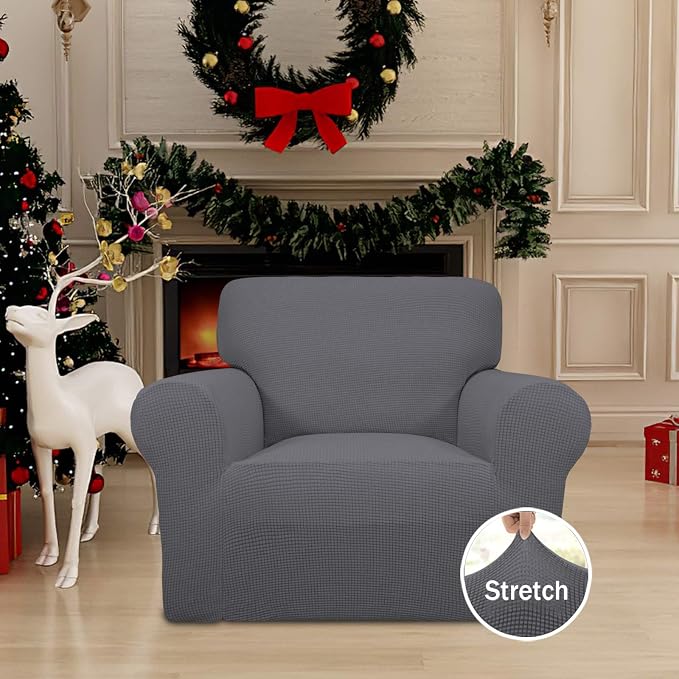 Easy-Going Stretch Chair Slipcover with Arm Washable Gray | 1-Piece Couch Sofa Cover Furniture Protector for Living Room Soft with Bottom For Kids, Pet. Spandex Jacquard - Image 2