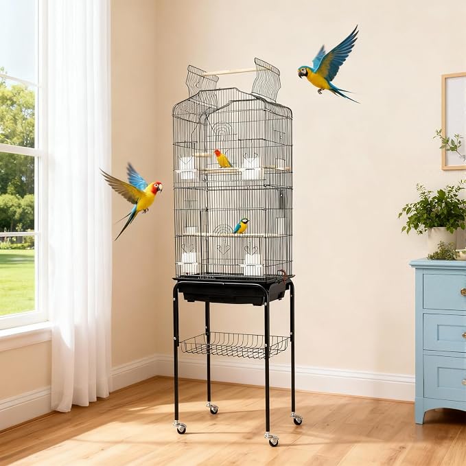 Garvee Open Top Large Parrot Bird Cage, Hanging Bird Cage with Detachable Rolling Stand and Storage Shelf, Playtop Parrot Cages Heavy-Duty Pet Birds House for Cockatiel Black - Image 3