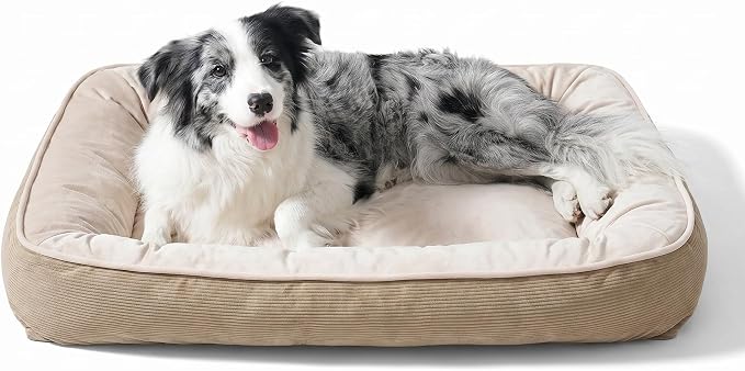 FAIRYPET Deluxe Plush Dog Beds for Medium to Large Dogs, 3D Crimped Siliconized Hollow Fiber Fill，Soft Breathable，Washable Dog Bed, Plush Faux Fur & Corduroy,Durable Pet Bed with Anti-Slip Bottom by FAIRYPET