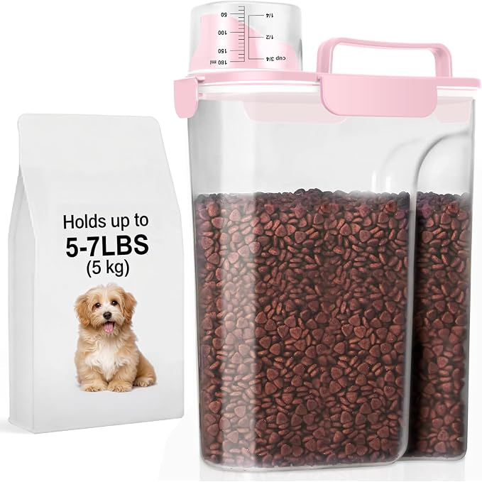 LEAWALK 5-7Lbs/6Qt Dog Cat Storage Container Portable with Upgraded Large Spout and Cup, Plastic Pet Food Dispenser for Small Animal Kibble, Bird Seed, Oatmeal, Rice, Flour, Brown Sugart- Light Pink - Image 8