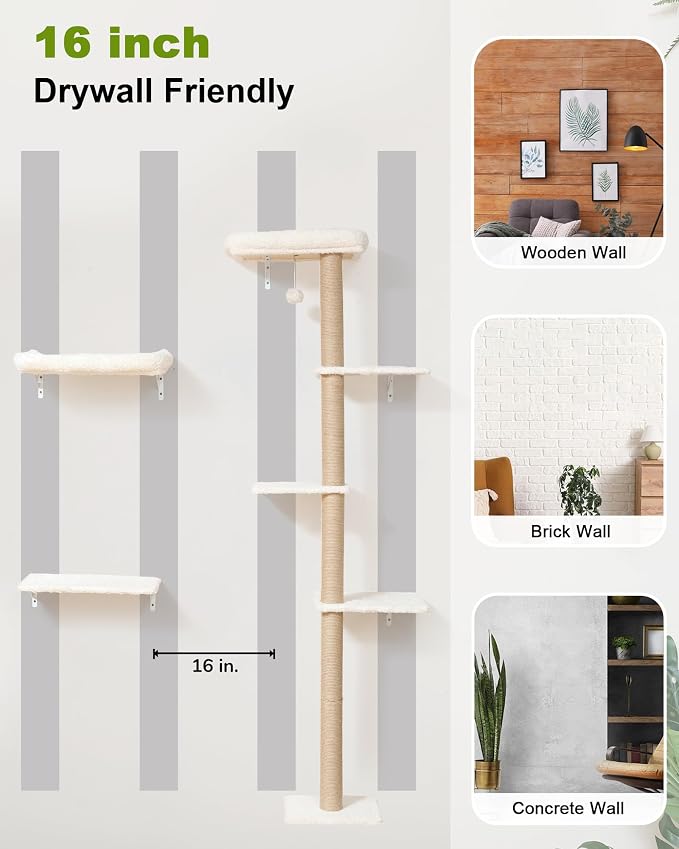 FUKUMARU Cat Wall Shelves Set, 70 inch Wall Mounted Tree, Beige | Kitten Scratching Post with Soft Cushion Perch, Space Saving Climbing Wall Furniture for 16 Inch Drywall - Image 7