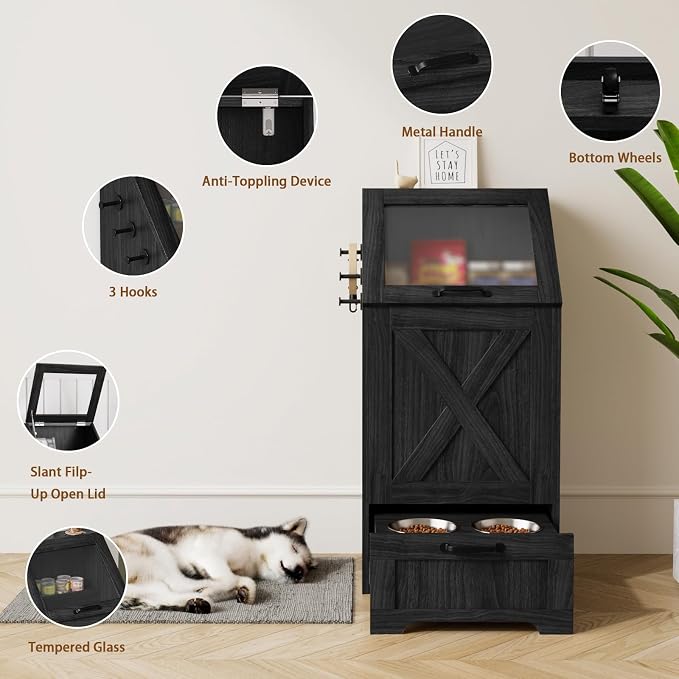 Dog Feeding Station with Storage Cabinet and 2 Elevated Dog Bowls, Hidden Pet Food Storage Organizer for Dog &Cat,Modern Dogs Furniture (Black) - Image 5