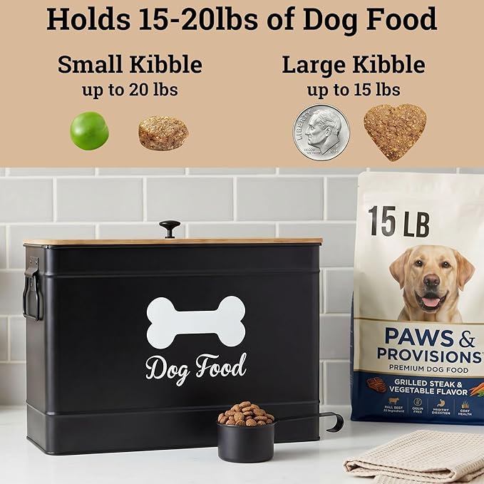 Metal Dog Food Container 15-20 lbs w/ Airtight Bamboo Lid, 70 Cup Capacity | Pet Jar For Dogs up to 100lbs, Airtight Bamboo Lid, Sturdy Comfortable Metal Handle, Powder Coated Iron, Kibble Storage Bin - Image 3