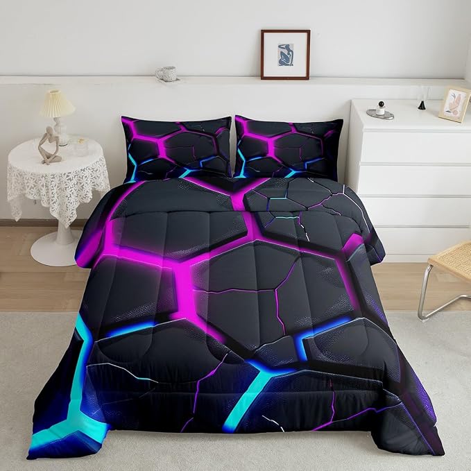 Geometric Honeycomb Comforter Set Twin Size,Abstract Hexagon Modern Artwork Bedding Set for Boys Girls Men Room Decor,Neon Blue Purple Patchwork Down Comforter,Fashion Duvet Insert,1 Pillowcase - Image 4