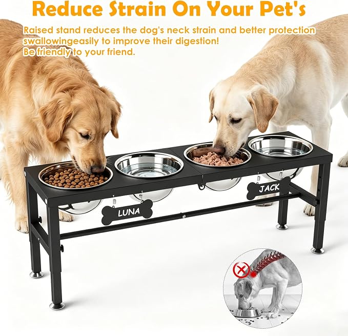 4-Bowl Elevated Dog Bowl Stand – 4 Adjustable Heights with 58oz/1700ml Stainless Steel Bowls & Splash Pad for Medium & Large Breeds, Multi-Pet Households - Image 2