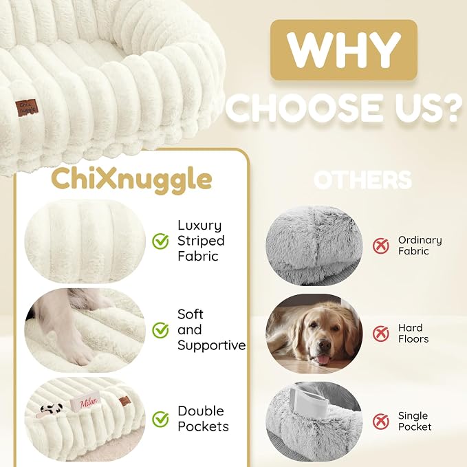 ChiXnuggle Orthopedic Human Dog Bed,Striped Faux Fur Washable Cover,Blanket | cream,72*40*10,giant dog bed for adult or extra large dogs,egg crate foam,non-slip bottom - Image 5