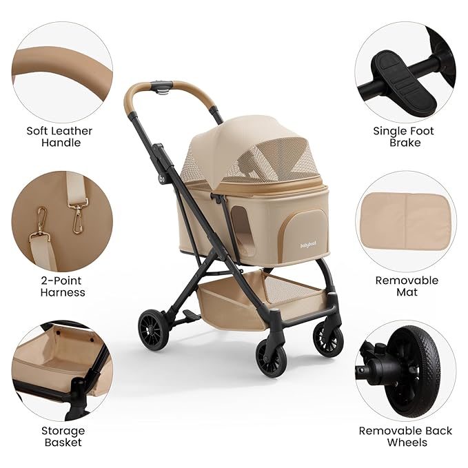 Foldable Dog Stroller Portable Compact Pet Stroller for Small/Medium Dogs & Cats Up to 35lbs One Click Folding Large Cat Carriage with Adjustable Canopy Storage Basket - Khaki