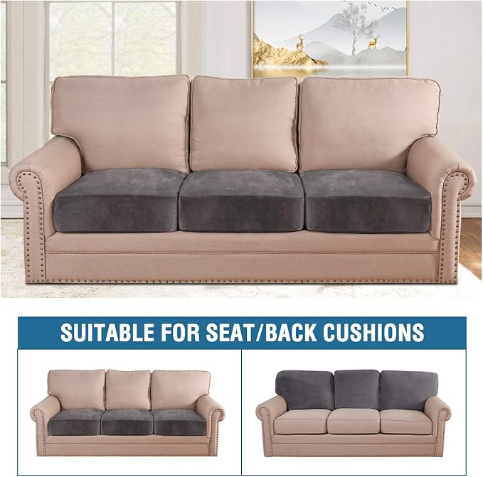 H.VERSAILTEX Velvet Stretch Couch Cushion Cover Plush Cushion Slipcover for Chair Loveseat Sofa Cushion Furniture Protector Seat Cushion Sofa Cover (3 Piece XL Sofa Cushion Covers, Grey) - Image 3