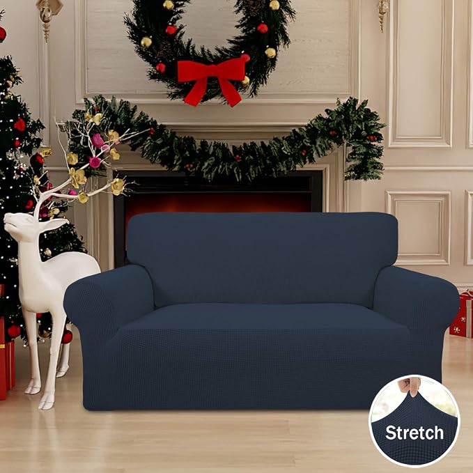 Easy-Going Stretch Loveseat Couch Covers Washable Dark Blue | 1-Piece Loveseat Covers for 2 Cushion Couch Furniture Protector RV Sofa Slipcover Soft with Bottom for Kids Pets - Image 2