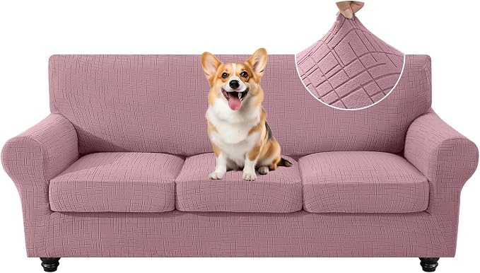 4 Piece Stretch Sofa Covers for 3 Cushion Couch, Non Slip Couch Covers for Sofa, Pet Couch Cover Washable, Couch Slipcover for Dogs, Kids (Pink), 91"-110" (3 Cushion XL Sofa) by CYCMACOHOME
