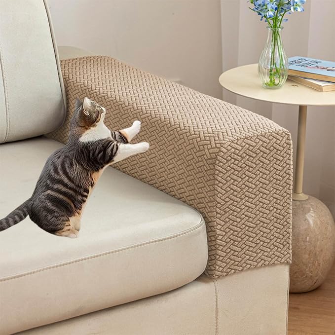 Couch Arm Covers Set of 2, Stretchable Sofa Armrest Protectors, Breathable Polyester Armchair Covers with Non-Slip Grip Design Furniture Protector (Light Coffee, Medium (Set of 2)) by Unknown