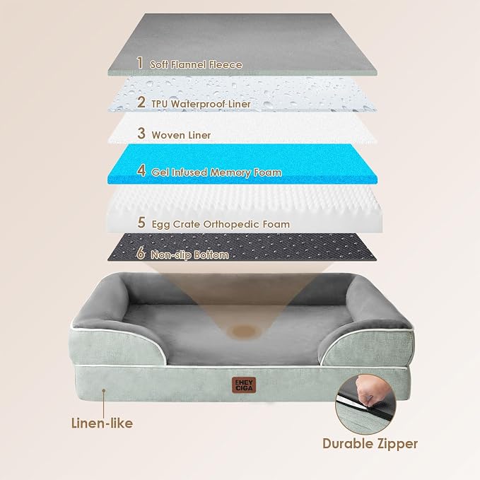 EHEYCIGA Orthopedic Extra Large Dog Bed, Waterproof Washable XL Pet Bed 44" | Non-Slip Bottom and Egg-Crate Memory Foam Big Dog Couch Bed with Washable Removable Cover, Greyish Green, 44Inch - Image 5