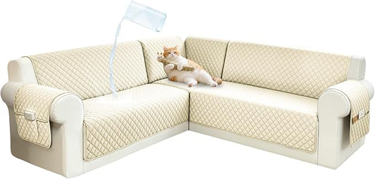 Sectional Couch Covers for Dogs 100% Waterproof Corner L Shaped Sofa Cover Pet Friendly Velvet Washable Anti Slip L Shape Modular Sofa Slipcover Protector with Pockets (Ivory White, Small) by SYJOVIA