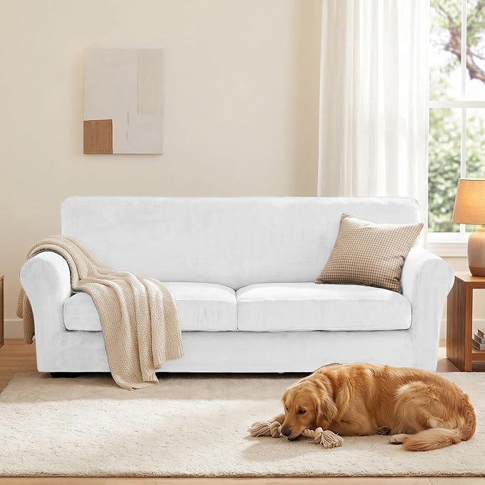 XINEAGE 3-Piece Velvet Sofa Cover,Couch Covers for Dog,White | 2 Cushion Sofa,Stretch Non-slip Elastic, Pet-friendly, Washable, Fast Setup, Soft Plush Fabric, Furniture Protector. - Image 4