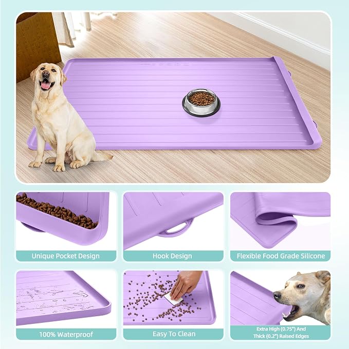 Cat Mat for Food and Water - 39.4" x 27" Thickened Large Dog Food Mat | Waterproof Pet Bowl Mat with Residue Collection Pocket and High Edges to Prevent Water and Food Spills - Purple - Image 6