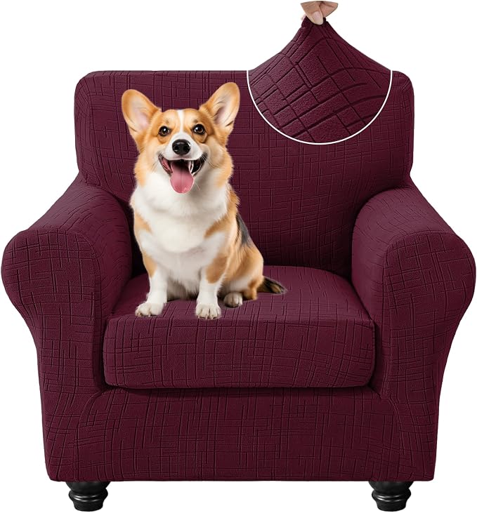 CYCMCAO Stretch 2 Piece Armchair Covers, Non Slip Chair Covers Armchair, Sofa Covers for Pets Washable with Elastic Bottom, Couch Slipcover for Kids, Dogs (Burgundy), 31"-46" (1 Cushion) by CYCMACOHOME