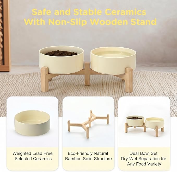 SPUNKYJUNKY Elevated Dog Bowls Ceramic, 5.1'' Dogs and Cat Food Water Bowls Raised with Non-Slip Bamboo Stand for Puppy Small Sized Breed Microwave Dishwasher Safe - 13.5 OZ,Beige - Image 6