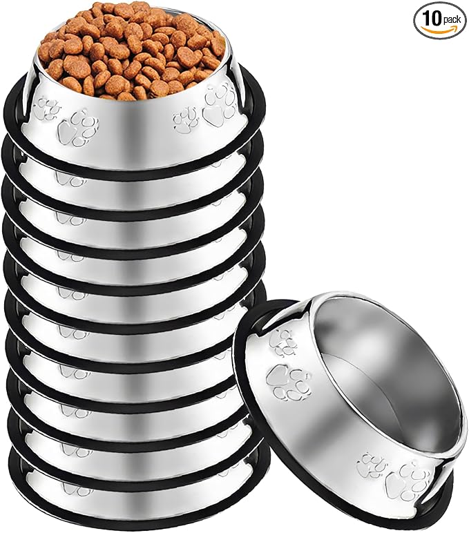 10 Pcs Stainless Steel Dog Bowl Pet Feeding Bowl with Rubber Base Non-Slip Pet Dishes Metal Dog Bowls Pet Food and Water Bowls for Small Medium Animals Kitten Rabbit (18.6 oz) by OLUTACOT
