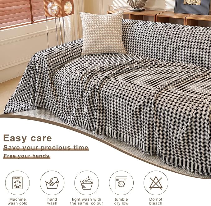 ROOMLIFE Thicked Checkered Boho Black Couch Cover for 2-3 Cushion Sofa, Chenille Sofa Slipcovers Sectional Sofas Covers for Dog, Non Slip Washable Furniture Protector Soft with Tassel 71''X118'' - Image 5