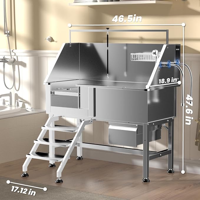 46" Dog Washing Station, Professional Stainless Steel Dog Bathtub w/Ramp & Storage Drawer, Adjustable Grate, Non-Slip Design, Perfect for Home Grooming & Large Dogs (46" Left Stair) - Image 6