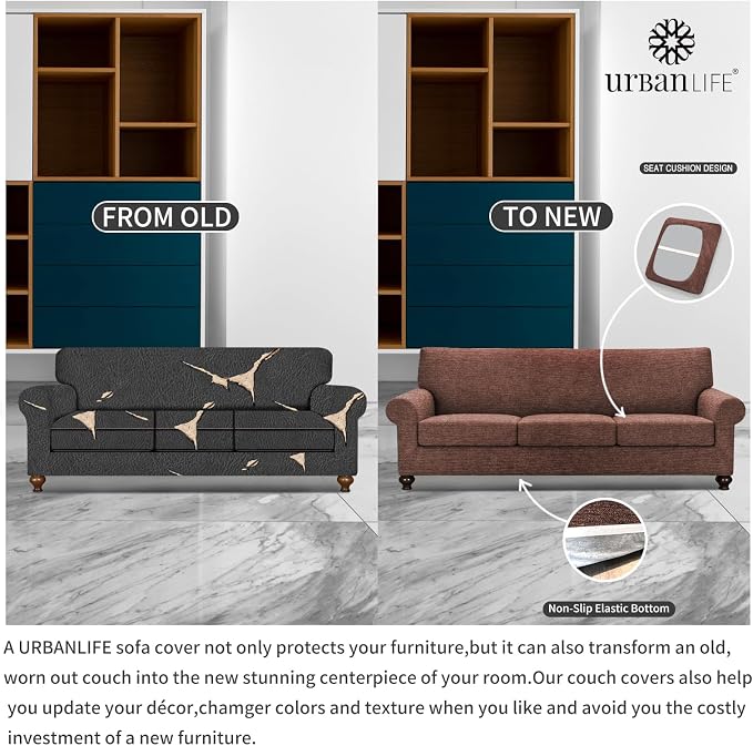 URBANLIFE 4-Piece Stretch Sofa Covers for 3 Cushion Couch, Chocolate | Super fitted spandex slipcovers for couches. Non-slip elastic bottom. Machine washable furniture protector for kids & pets. - Image 5