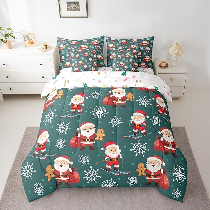Erosebridal 7Pcs Cartoon Santa Claus Comforter Set King Size,Xmas Gingerbread Bedding Set,Christmas Snowboard Snowflake Bed in A Bag,Cute Christmas Ornaments Quilt with Flat Fitted Sheet - Image 3