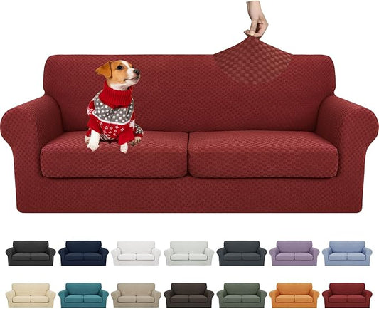 YEMYHOM Latest Checkered 3 Pieces Couch Covers for 2 Cushion Couch High Stretch Sofa Cover with 2 Extra Large Seat Cushion Covers Anti Slip Elastic Slipcovers (Christmas Wine Red), 71"-91"(2 CUSHIONS) by YEMYHOM