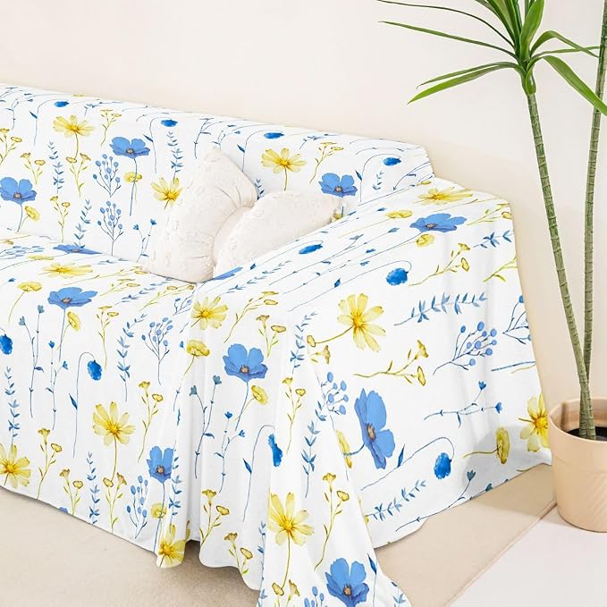 Erosebridal Watercolor Floral Sofa Cover Blue Yellow Flower Couch Cover Modern Minimalist White Sofa Slipcover for Pets, Kids, Dog Rustic Farmhouse Washable Non Slip Couch Protector 71" X 91" - Image 5