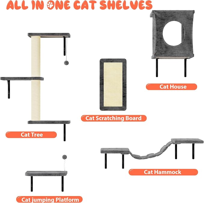 NUNU LAB Cat Wall Shelves Set, 5 Pcs Wall-Mounted Cat Climber with Cat House, Bridge, Scratching Post, Hammock, Wall Shelves, Gray - Image 4
