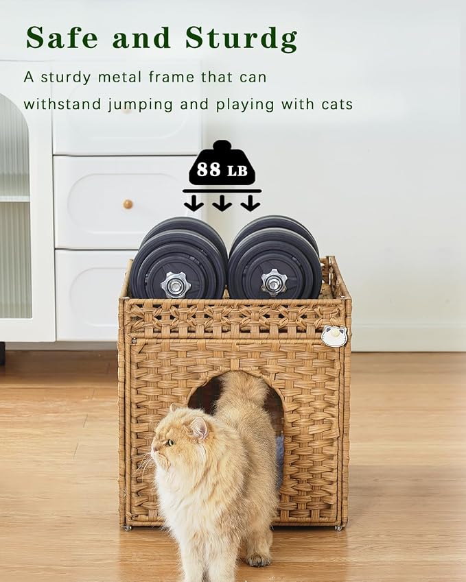SETVSON Cat Beds for Indoor Cats Extra Large Double Cat Cave, Natural | Spacious Multi-Cat House, Furniture End Table Look, Soft Washable Cushion, Sturdy Metal Frame, 18.5x20.5x19.1 In Woven Cube - Image 3