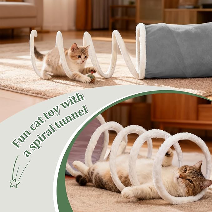 Ownpets 2-in-1 Cat Tunnel Large Lollipop 12" D Collapsible Cave Plush, Grey | Foldable Tunnel Bed, Fluffy Ball, Multi-Exit Maze, For Cats Kittens Puppies Rabbits, Soft Plush, Easy Store, Cozy Hiding Spot - Image 6