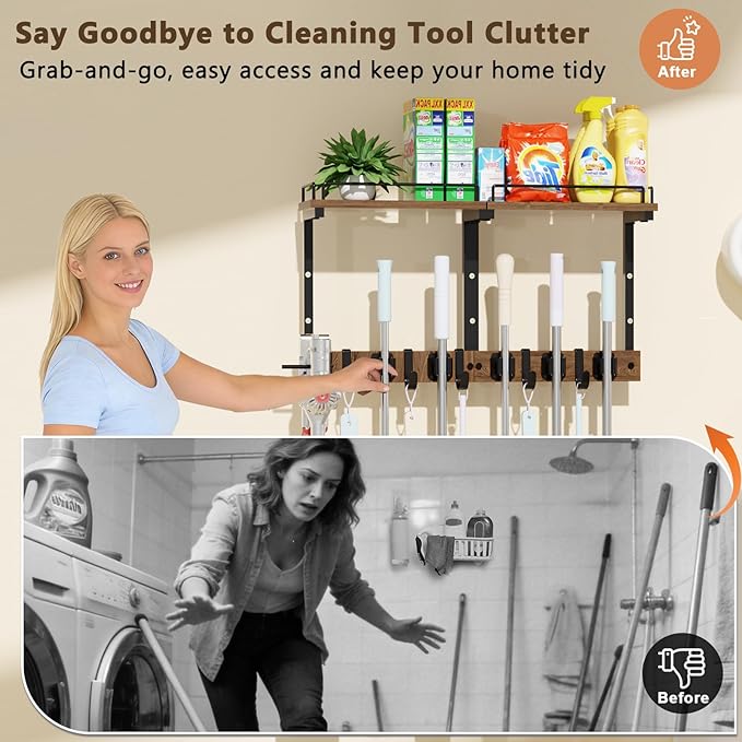 Mop Holder Wall Mount with Cleaning Supplies Organizer, Wood Mop and Broom Hanger Rack Organizer with Anti-Fall Wall Shelf with 5 Clips & Hooks for Garage Laundry Room Kitchen (Brown) - Image 5