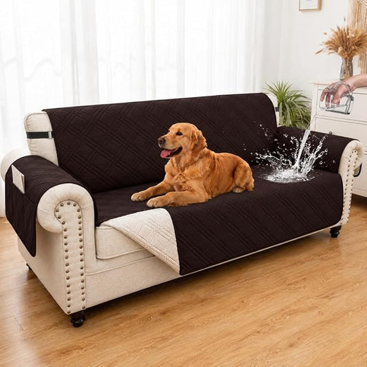 100% Waterproof Couch Cover for Dogs, Washable Anti-Slip Sofa Cover with Elastic Straps & Side Pockets, Quilted Furniture Protector for Kids & Pets (Oversize Sofa 78", Chocolate) by Unknown