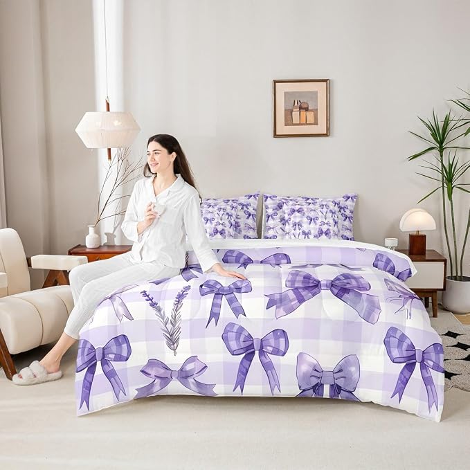 Feelyou Purple Bowknot 7 Piece Bedding Set Lavender Flower Comforter Set with Sheets for Kids Boys Girls Purple Stripe Bed in a Bag Princess Theme Bed Set Soft Lightweight - Image 6