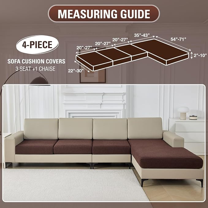 Couch Cushion Covers for Sectional Sofa Stretch Sofa Slipcovers Washable Wear-Resistant Sectional Couch Covers L Shaped Seats Furniture Protectors for Pets(Brown, 3 Seater+1 Chaise) - Image 2