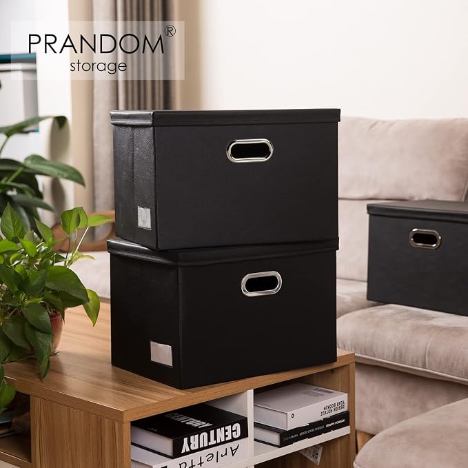 PRANDOM Foldable Storage Bins with Lids [5-Pack] Leather Fabric Collapsible Storage Boxes Organizer Containers Baskets Cube with Cover for Bedroom Closet Office Nursery Black (14.9x10.8x10) - Image 2