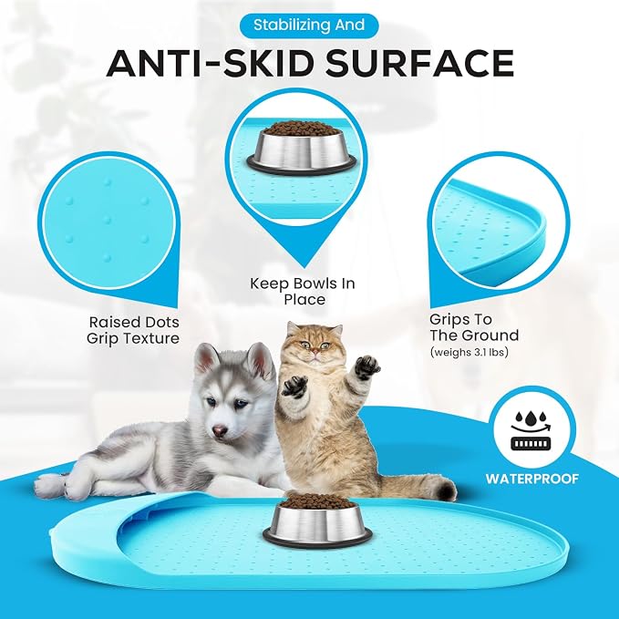 Large Silicone Pet Feeding Mat - 29' x 16.6' Waterproof Dog/Cat Bowl Mat - Residue Collection Pocket - High Edges, Light Blue - Image 5