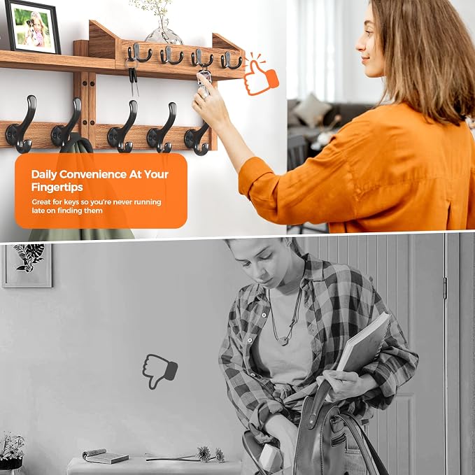 Evermagin 29" Coat Rack Wall Mount with Shelf & 11 Hooks, Entryway, Brown | 4-in-1: coat hooks, key hanger, mail holder & display shelf. Pine wood. For bedroom, hallway, mudroom, livingroom. - Image 7