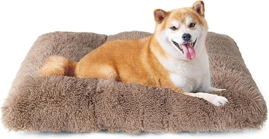 EHEYCIGA Fluffy Dog Crate Bed for Large Dogs, Plush Faux Fur Pad, Camel | Calming Anti Anxiety Large Dog Crate Bed, Washable Soft Warm Mat with Non-Slip Bottom by EHEYCIGA
