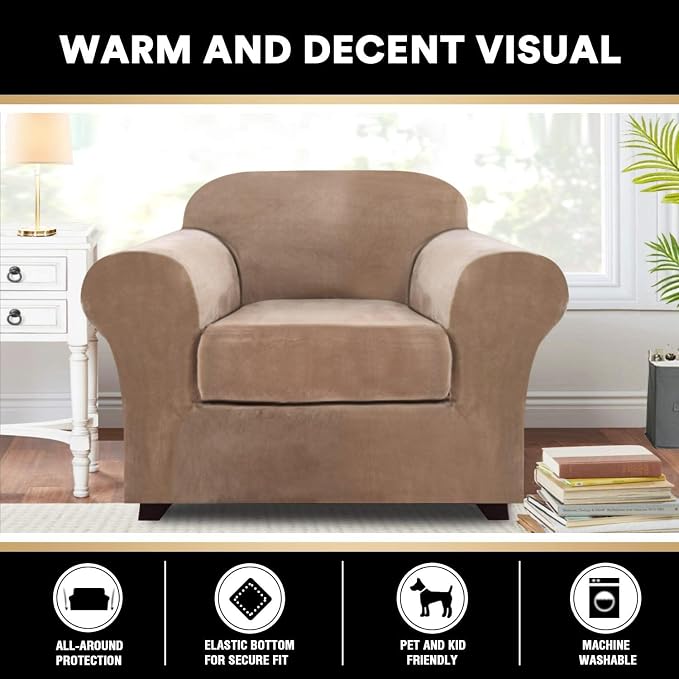 PrinceDeco Velvet Plush Couch Cover Stretch 2 Piece Chair Cover Chair Slipcover Washable Furniture Protector Couch Soft with Elastic Bottom Armchair Cover Width Up to 49 Inch(Small, Camel) - Image 6