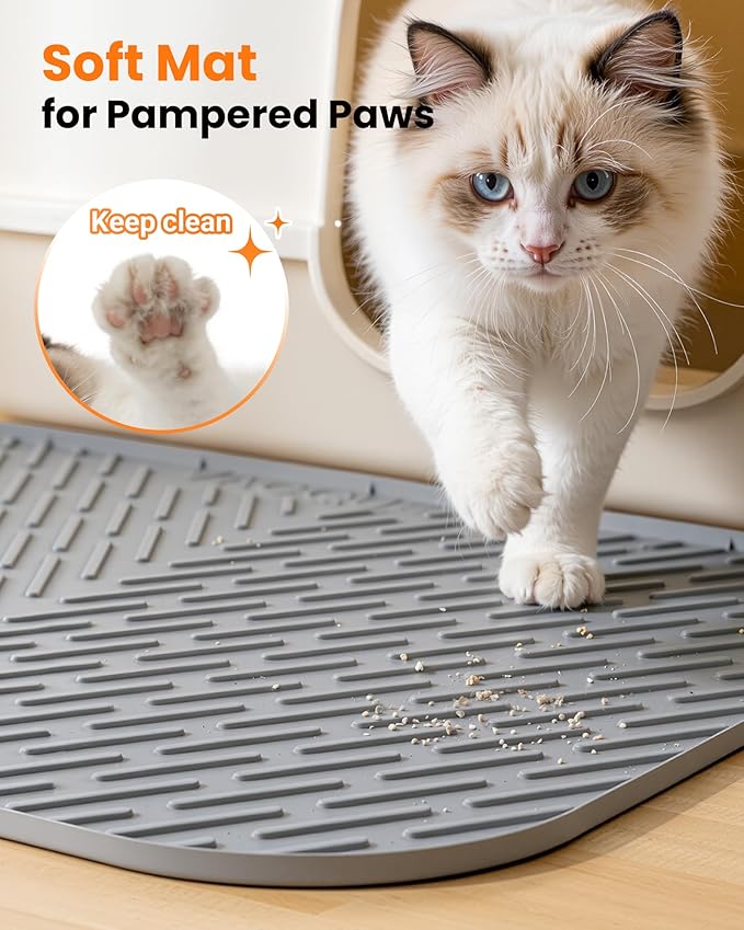 Cat Litter Box Mat, 47" x 37" Extra Large Cat Litter Mat, Silicone Waterproof Litter Trapping Mat for Scatter Control Soft on Kitty Paws Non-Slip Easy to Clean (Gray) - Image 5