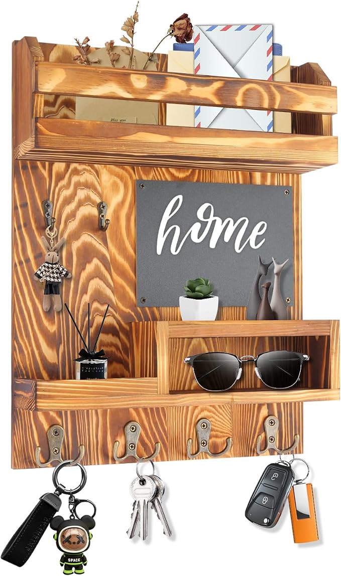Large Key and Mail Holder Wall Mount, 12.5x16.5 Inch Solid Wood Key Racks for Entryway, Front Door, Hallway, Wall Organizer (Burnt Brown) - Image 8