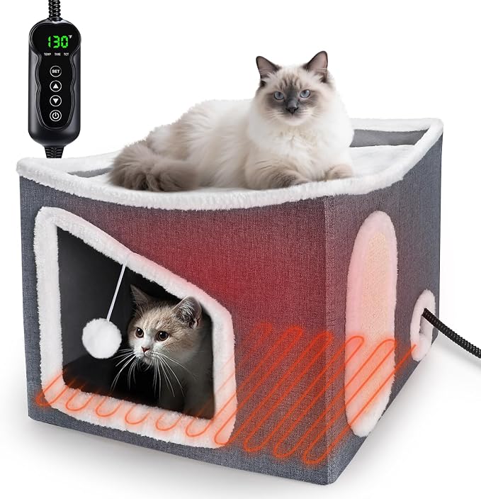 Tovve Heated Cat House for Indoor, Large Cat Bed with Heating Pad, Adjustable Temperature & Timing, with Fluffy Ball Hanging and Scratch Pad, Foldable Pet Hideaway for Small Medium and Large Cats（XL） by Tovve