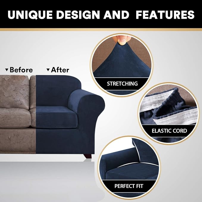PrinceDeco Velvet Plush Couch Cover Stretch 2 Piece Chair Cover Chair Slipcover Washable Furniture Protector Couch Soft with Elastic Bottom Armchair Cover Width Up to 49 Inch(Small,Navy) - Image 3