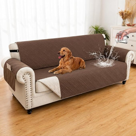 100% Waterproof Couch Cover for Dogs, Washable Anti-Slip Sofa Cover with Elastic Straps & Side Pockets, Quilted Furniture Protector for Kids & Pets (Oversize Sofa 78", Darkbrown) by Unknown