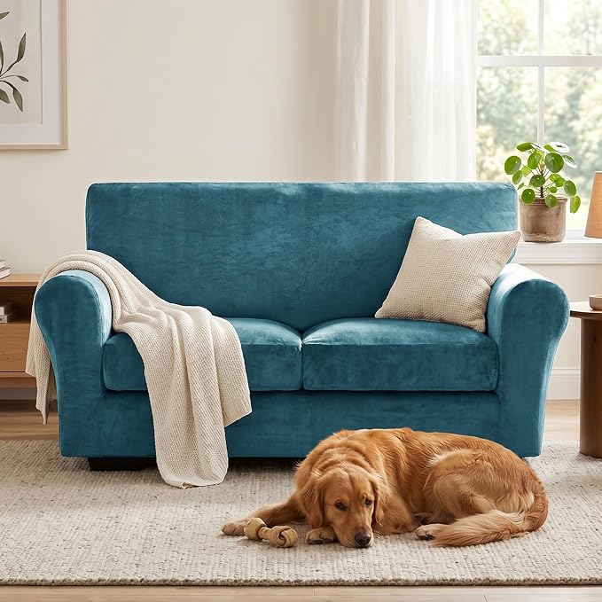 XINEAGE 3-Piece Velvet Loveseat Sofa Cover,Couch Cover for Dog,Peacock Blue | 2 Cushion Loveseat,Stretch Non-slip Elastic, Pet-friendly, Washable, Fast Setup, Soft Plush Fabric, Furniture Protector. - Image 4